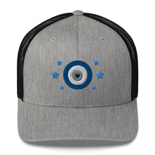 Load image into Gallery viewer, retro trucker hat/cap heather grey black, with image design of blue eye of protection/evil eye/third eye, with stars. Front view.