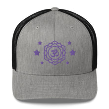 Load image into Gallery viewer, retro trucker hat heather grey black , with image design of purple third eye chakra symbol, and stars. Front view.