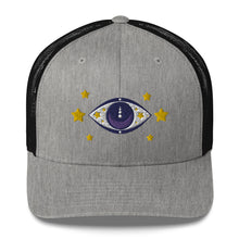 Load image into Gallery viewer, retro trucker hat heather grey black, with image graphic: purple eye of protection/evil eye, with yellow stars. Front view.