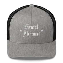 Load image into Gallery viewer, retro trucker hat heather grey black, with image phrase: "Mental Alchemist." Front view.