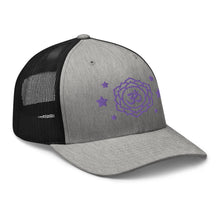 Load image into Gallery viewer, retro trucker hat heather grey black , with image design of purple third eye chakra symbol, and stars. Side view.