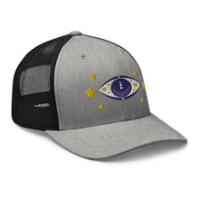 Load image into Gallery viewer, retro trucker hat heather grey black, with image graphic: purple eye of protection/evil eye, with yellow stars. Side view.