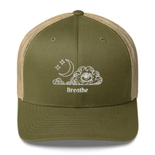 Load image into Gallery viewer, retro trucker hat/cap moss green khaki , with image design of an eye in a cloud, with moon crescent and stars, with the word "Breathe" underneath the image. Front view.