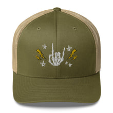 Load image into Gallery viewer, retro trucker hat/cap moss green khaki , with image design of rock on skeleton hand, pentagram stars, lightning symbols. Front view.