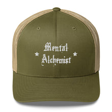 Load image into Gallery viewer, retro trucker hat moss green khaki, with image phrase: "Mental Alchemist." Front view.