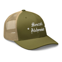 Load image into Gallery viewer, retro trucker hat moss green khaki, with image phrase: "Mental Alchemist." side view.