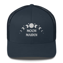 Load image into Gallery viewer, retro trucker hat/cap navy blue , with image phrase "Moon Maiden," with moon phases. Front view.