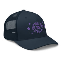 Load image into Gallery viewer, retro trucker hat navy blue, with image design of purple third eye chakra symbol, and stars. Side view.