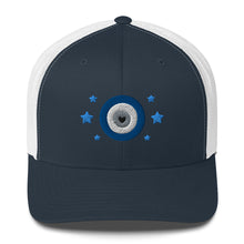 Load image into Gallery viewer, retro trucker hat/cap navy blue white, with image design of blue eye of protection/evil eye/third eye, with stars. Front view.