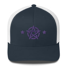 Load image into Gallery viewer, retro trucker hat/cap navy blue white, with image design of purple pentacle and stars. Front view.