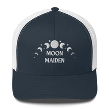 Load image into Gallery viewer, retro trucker hat/cap navy blue white, with image phrase "Moon Maiden," with moon phases. Front view.