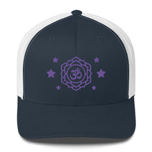 Load image into Gallery viewer, retro trucker hat navy blue white , with image design of purple third eye chakra symbol, and stars. Front view.