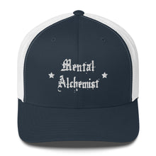 Load image into Gallery viewer, retro trucker hat navy blue white, with image phrase: "Mental Alchemist." Front view.