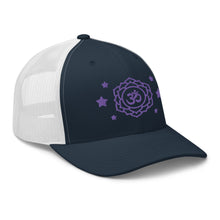 Load image into Gallery viewer, retro trucker hat navy blue white, with image design of purple third eye chakra symbol, and stars. Side view.