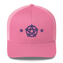 Load image into Gallery viewer, retro trucker hat/cap pink , with image design of purple pentacle and stars. Front view.