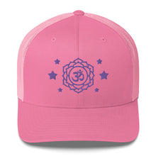 Load image into Gallery viewer, retro trucker hat pink , with image design of purple third eye chakra symbol, and stars. Front view.