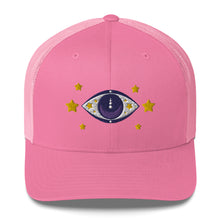 Load image into Gallery viewer, retro trucker hat pink, with image graphic: purple eye of protection/evil eye, with yellow stars. Front view.
