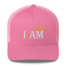 Load image into Gallery viewer, retro trucker hat pink , with image phrase: "I AM," with image graphic of a gold crown over the letter M. Front view.