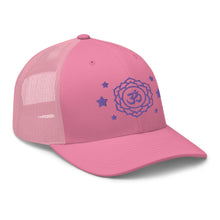 Load image into Gallery viewer, retro trucker hat pink, with image design of purple third eye chakra symbol, and stars. Side view.