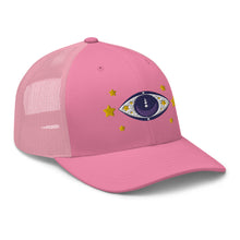 Load image into Gallery viewer, retro trucker hat pink, with image graphic: purple eye of protection/evil eye, with yellow stars. Side view.