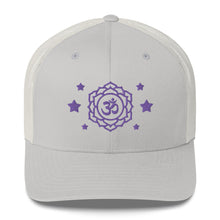 Load image into Gallery viewer, retro trucker hat silver , with image design of purple third eye chakra symbol, and stars. Front view.