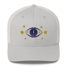 Load image into Gallery viewer, retro trucker hat silver, with image graphic: purple eye of protection/evil eye, with yellow stars. Front view.