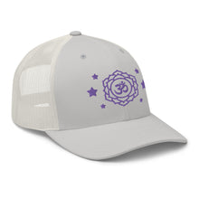 Load image into Gallery viewer, retro trucker hat silver, with image design of purple third eye chakra symbol, and stars. Side view.