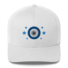 Load image into Gallery viewer, retro trucker hat/cap white , with image design of blue eye of protection/evil eye/third eye, with stars. Front view.