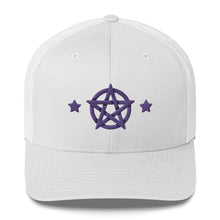 Load image into Gallery viewer, retro trucker hat/cap white, with image design of purple pentacle and stars. Front view.