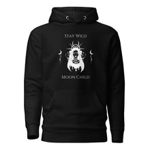 Load image into Gallery viewer, black unisex hoodie, with pockets, with image phrase: "Stay wild, Moon Child." with image of three tribal woman heads, with moon crown, and crescent moons on sides.
