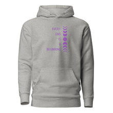 Load image into Gallery viewer, Carbon grey unisex hoodie, with pockets, with image phrase: "Every end is a beginning." with image of moon phases, from new moon, to full moon, back to new moon. Front view.