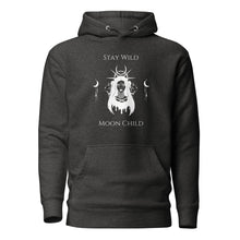 Load image into Gallery viewer, charcoal grey heather unisex hoodie, with pockets, with image phrase: "Stay wild, Moon Child." with image of three tribal woman heads, with moon crown, and crescent moons on sides.