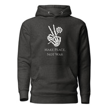 Load image into Gallery viewer, charcoal grey heather unisex hoodie, with pockets, with image phrase "Make peace, not war." with image graphic of a skeleton hand holding a daisy flower, and gesturing the peace sign. Front view.