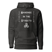 Load image into Gallery viewer, unisex charcoal grey heather hoodie, with image phrase "Banshee in the Streets," with image symbol Triskelion. Front View.