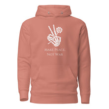 Load image into Gallery viewer, dusty rose peach/pink unisex hoodie, with pockets, with image phrase "Make peace, not war." with image graphic of a skeleton hand holding a daisy flower, and gesturing the peace sign. Front view.