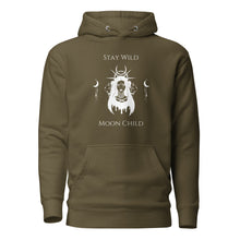 Load image into Gallery viewer, military army green unisex hoodie, with pockets, with image phrase: "Stay wild, Moon Child." with image of three tribal woman heads, with moon crown, and crescent moons on sides.