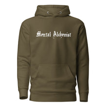 Load image into Gallery viewer, military army green unisex hoodie, with pockets, with image phrase: "Mental Alchemist." Front view.