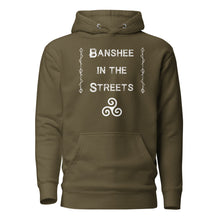 Load image into Gallery viewer, unisex military army green hoodie, with image phrase "Banshee in the Streets," with image symbol Triskelion. Front View.