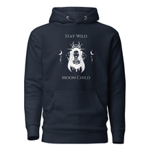 Load image into Gallery viewer, navy blue unisex hoodie, with pockets, with image phrase: "Stay wild, Moon Child." with image of three tribal woman heads, with moon crown, and crescent moons on sides.