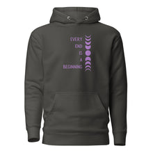 Load image into Gallery viewer, Vintage black unisex hoodie, with pockets, with image phrase: "Every end is a beginning." with image of moon phases, from new moon, to full moon, back to new moon. Front view.