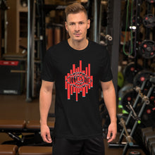 Load image into Gallery viewer, man wearing/modeling black t-shirt with image of a red and blue edged, static eye. eye of providence, evil eye, third eye