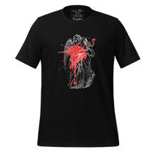 Load image into Gallery viewer, unisex black t-shirt, with image design of an angel kissing a woman, with a red paint splat seen through their outlines. Front view.