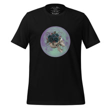Load image into Gallery viewer, unisex black t-shirt, with image design: side profile of a skull wearing a crown/hat of black roses, red berries, thorny vines and leaves, with a blue-purple moon behind it. Front View.