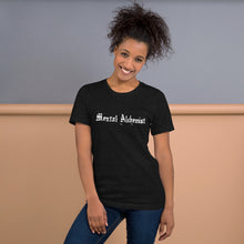 Load image into Gallery viewer, woman modeling/wearing unisex black heather t-shirt, with Image phrase: white text - "Mental Alchemist." Front view.