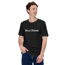 Load image into Gallery viewer, man modeling/wearing unisex black heather t-shirt, with Image phrase: white text - "Mental Alchemist." Front view.