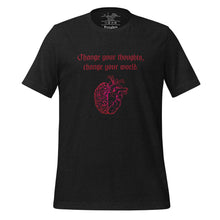 Load image into Gallery viewer, unisex black heather t-shirt, with image design: red half brain, half heart. Image phrase: Red text - Change your thoughts, change your world. Front view.