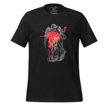 Load image into Gallery viewer, unisex black heather t-shirt, with image design of an angel kissing a woman, with a red paint splat seen through their outlines. Front view.