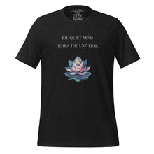 Load image into Gallery viewer, unisex black heather t-shirt, with image phrase: "The quiet mind hears the Universe." Image of watercolor pink and blue lotus flower floating on water.