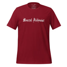 Load image into Gallery viewer, unisex cardinal red t-shirt, with Image phrase: white text - "Mental Alchemist." Front view.