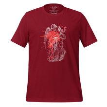 Load image into Gallery viewer, unisex cardinal red t-shirt, with image design of an angel kissing a woman, with a red paint splat seen through their outlines. Front view.
